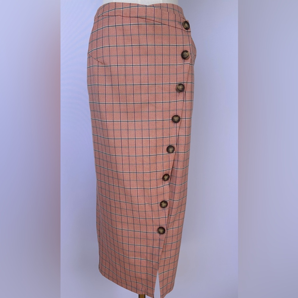 ASOS Women’s Plaid Faux Wrap Asymmetrical Button Midi Skirt High Waist Side 4